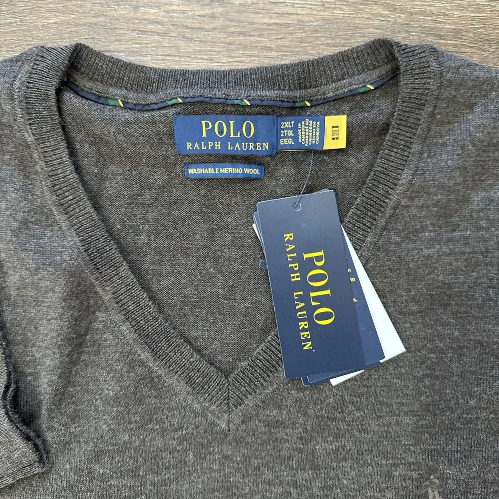 NWT Polo Ralph Lauren Washable Merino Wool‎ V Neck Sweater Men's Sz 2XLT Brown